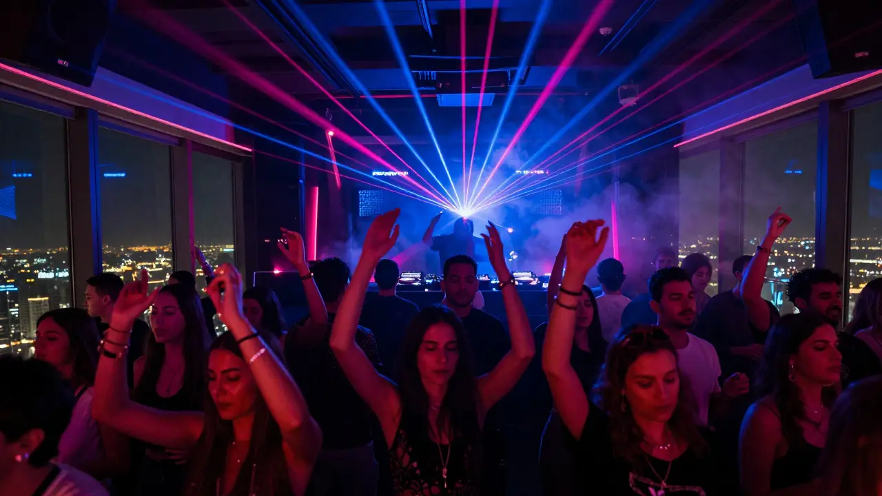 A high-energy nightclub on a skyscraper's top floor with pulsing lights and immersed music lovers.