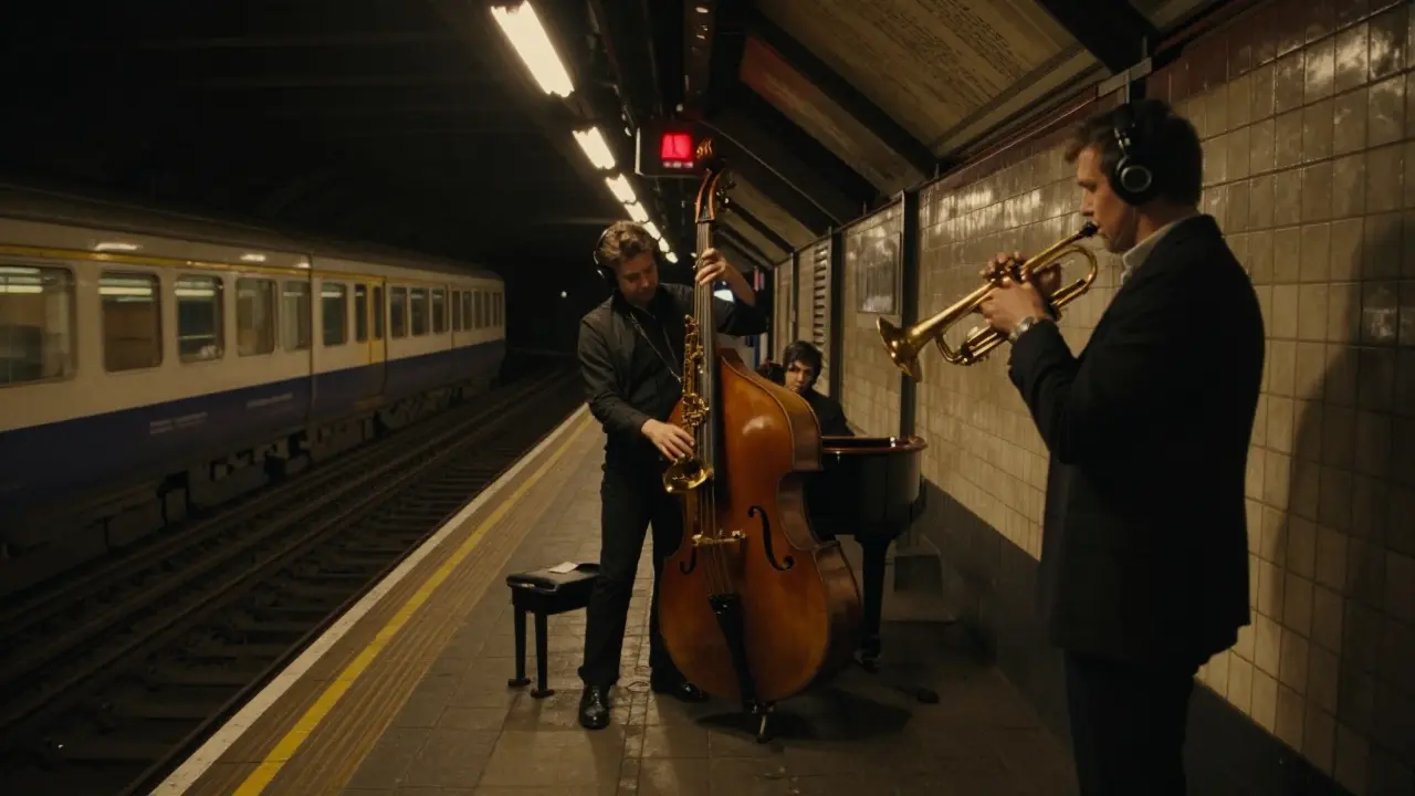 A jazz trio performs in a disused London Underground station with echoing acoustics and vintage ambiance.