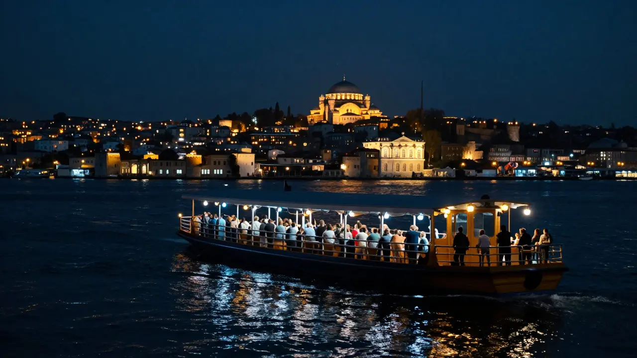 A late-night ferry crossing the Bosphorus with illuminated palaces and city lights reflecting on the water.