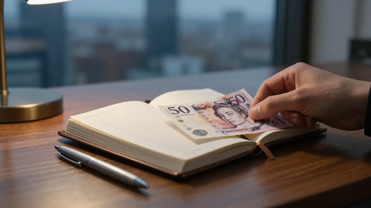 A leather appointment book with consistent weekly entries and a folded banknote placed neatly beside a silver pen.