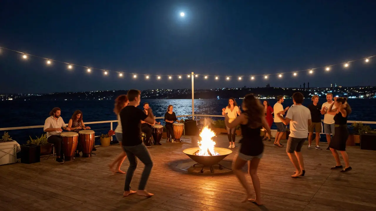 A lively open-air club on the Bosphorus with dancers around a fire pit under starry skies.