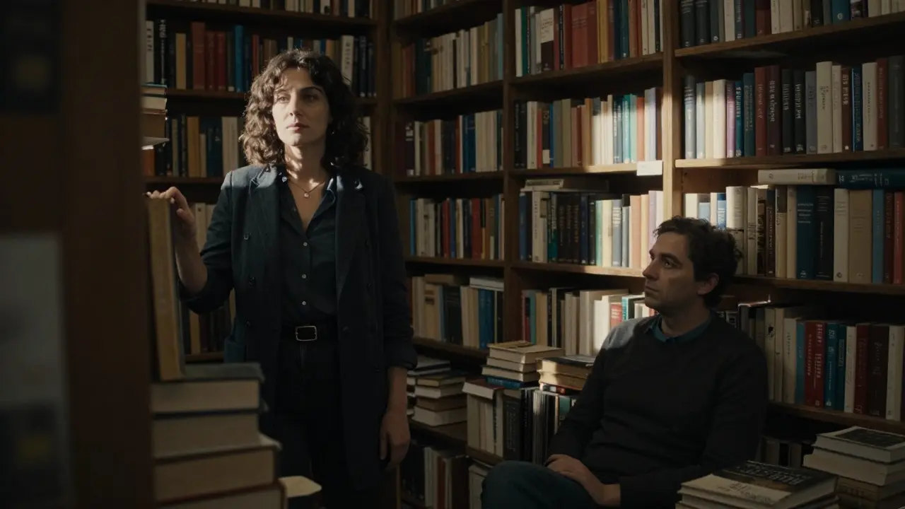 A man and woman in a Parisian bookshop, surrounded by literature, sharing a silent moment of mutual understanding.