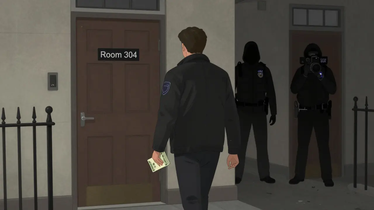A man walking away from an apartment door holding cash, with shadowy figures representing police and surveillance behind him.