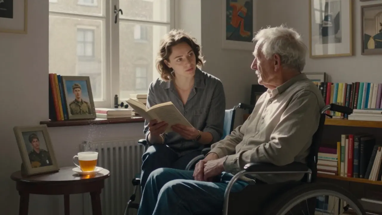 A non-binary companion reading poetry to an elderly man in a sunlit studio, books and art surrounding them.