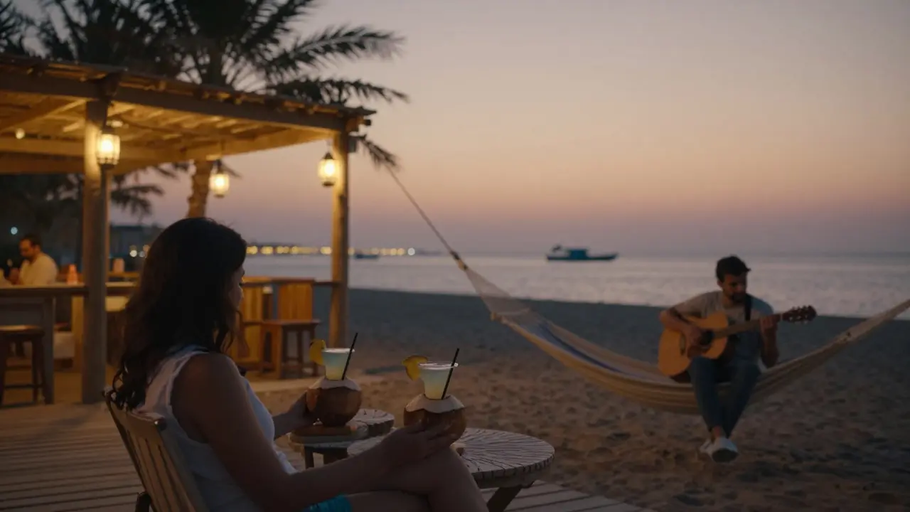 A quiet evening at Al Sufouh Beach with lanterns, hammocks, and a guitarist playing acoustic music under a twilight sky.