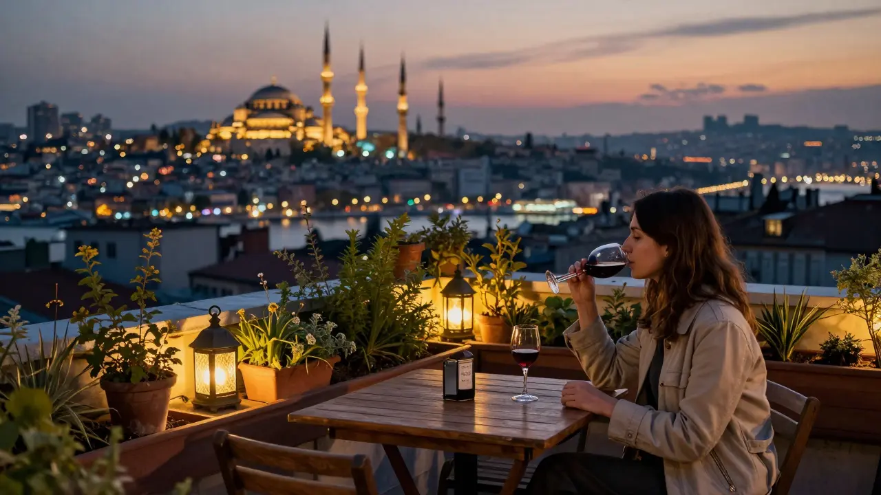 A quiet rooftop terrace in Cihangir with wine glasses overlooking Istanbul's skyline at twilight.