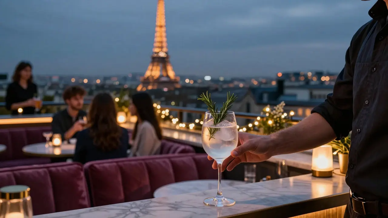 A rooftop bar at night with guests enjoying cocktails as the Eiffel Tower sparkles in the distance.