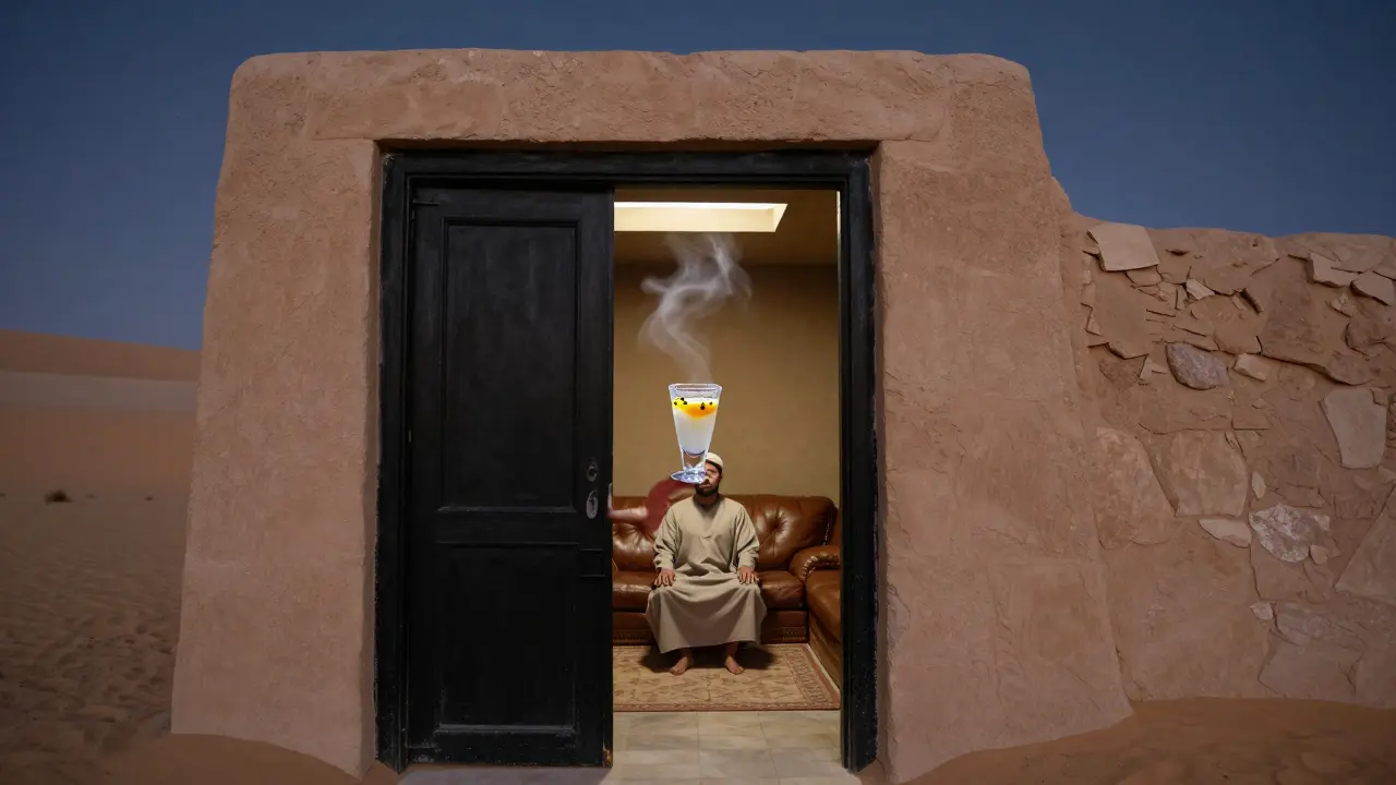 A secret door in the desert leads to a quiet room where a guest sips a unique camel milk cocktail under moonlight.