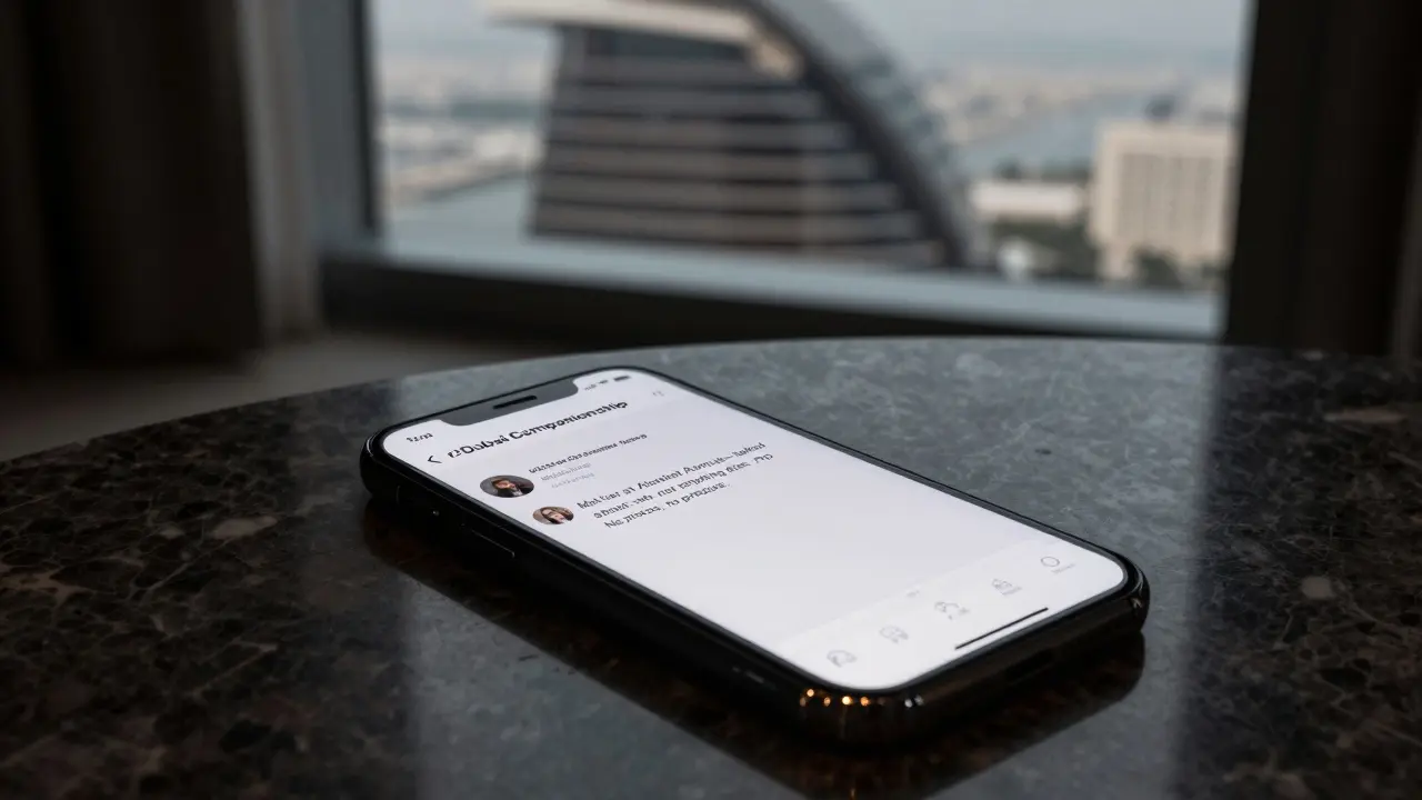 A smartphone displaying a private forum thread about safe companionship in Dubai.