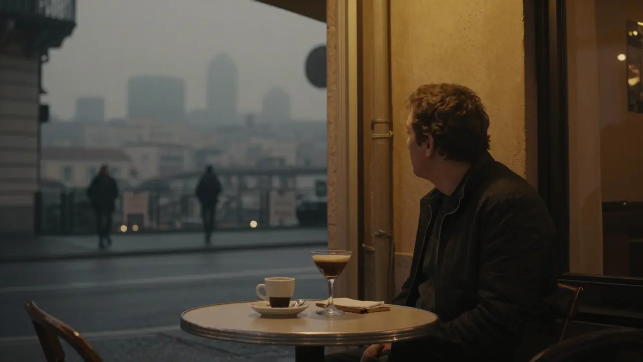 A solitary person sitting quietly at a late-night café in Porta Romana, city lights glowing in the distance.