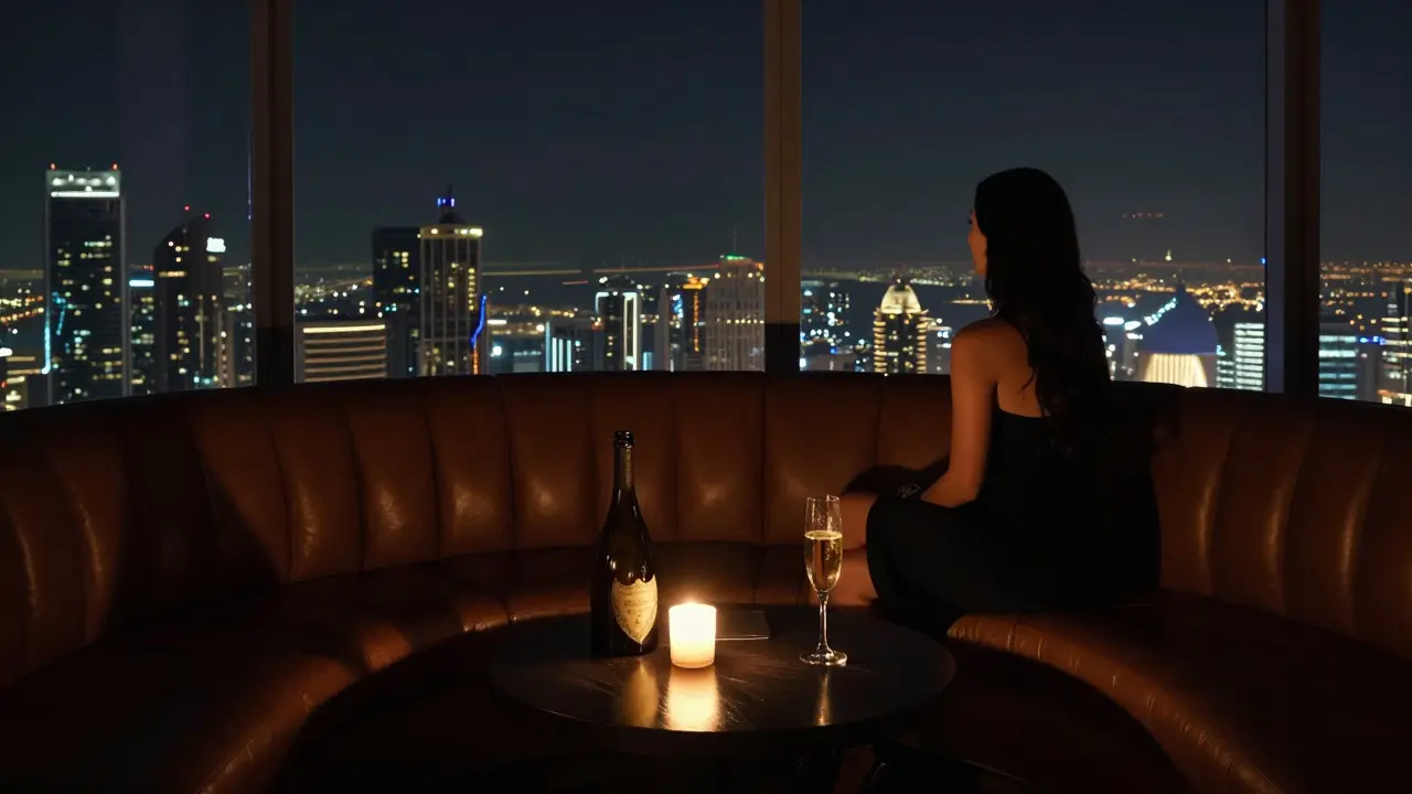 A sophisticated lounge on the 28th floor with soft lighting, a glass of champagne, and a silhouette gazing at Abu Dhabi's skyline at night.