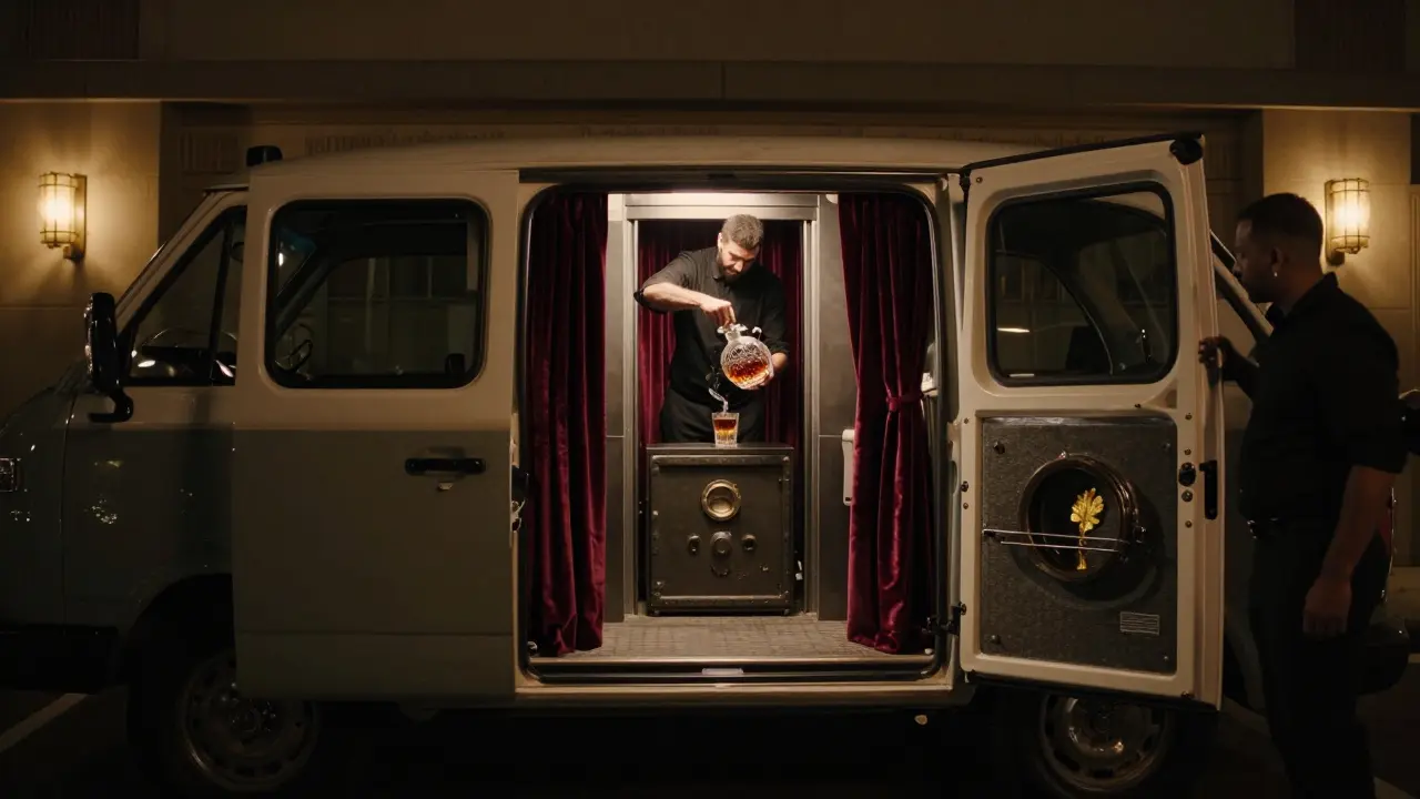 A vintage laundry van revealing a hidden elevator entrance to a velvet-lined 1920s-style lounge with a bartender pouring a golden cocktail.