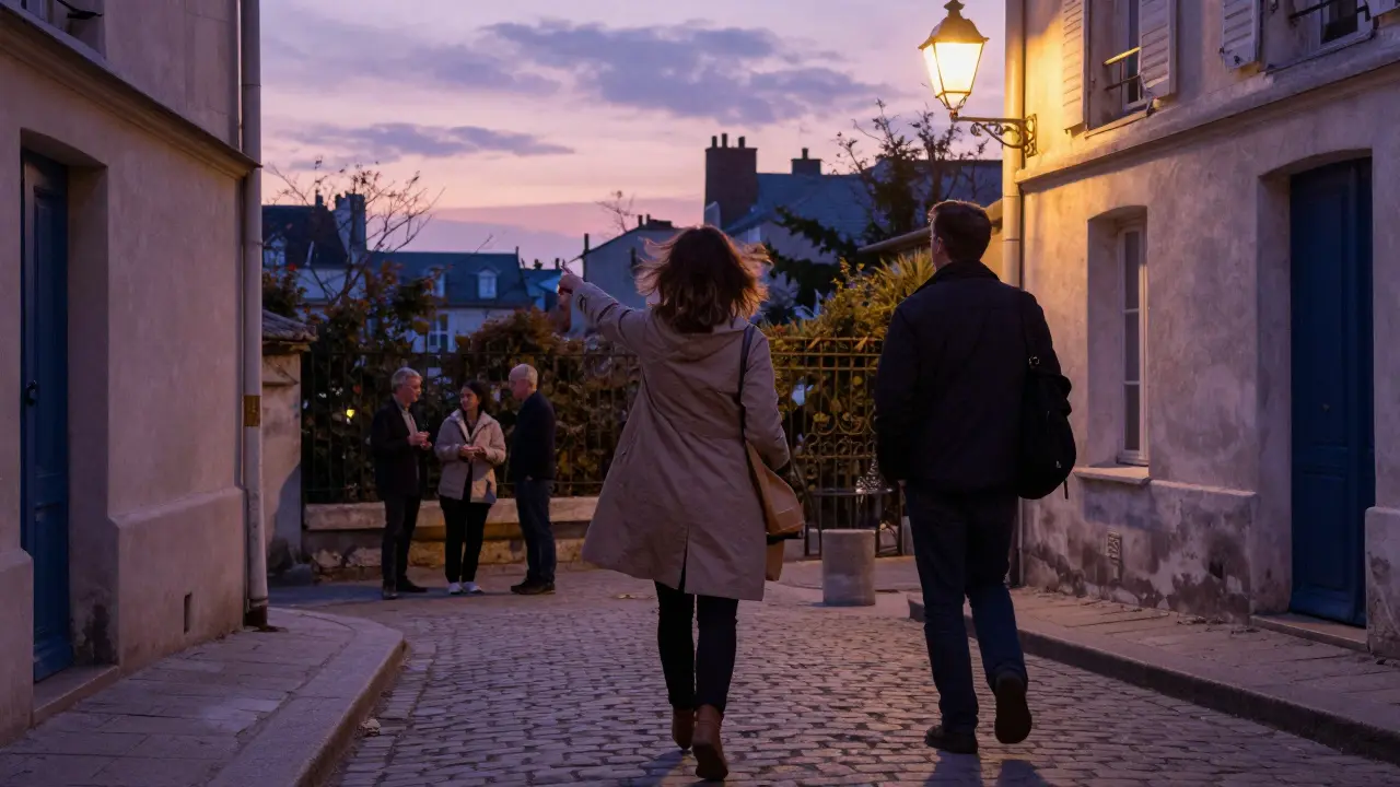 A woman pointing out a hidden courtyard in Montmartre to a listening companion as twilight settles over cobblestone streets.