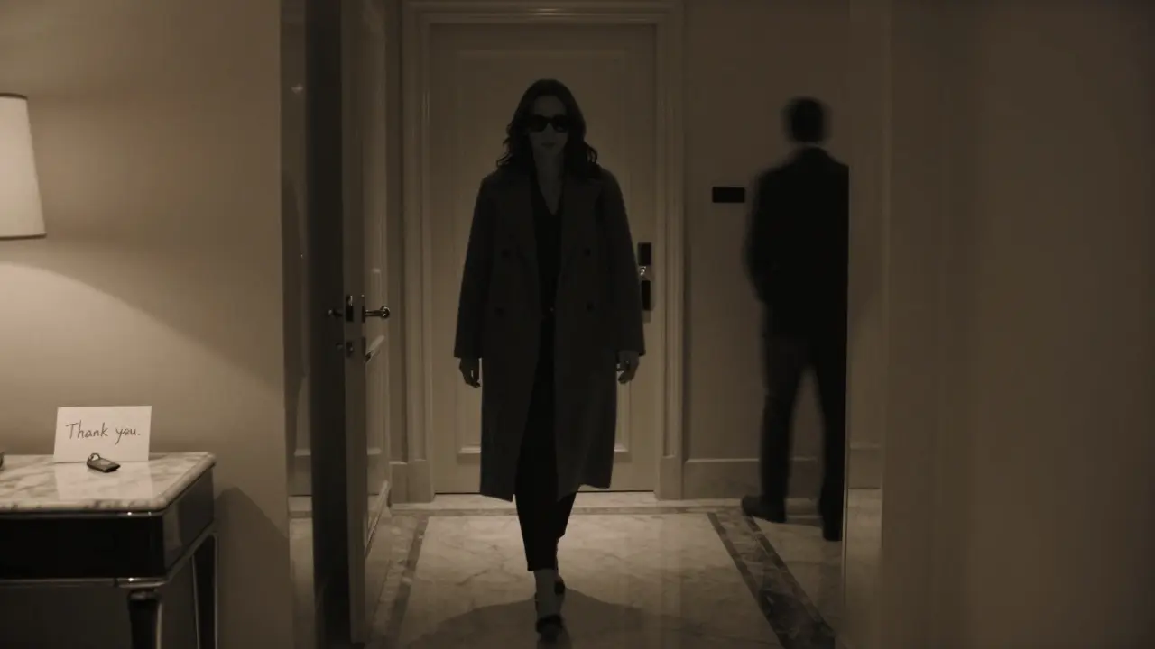 A woman walking away from a hotel room door, leaving behind a keycard and handwritten note in a dimly lit hallway.