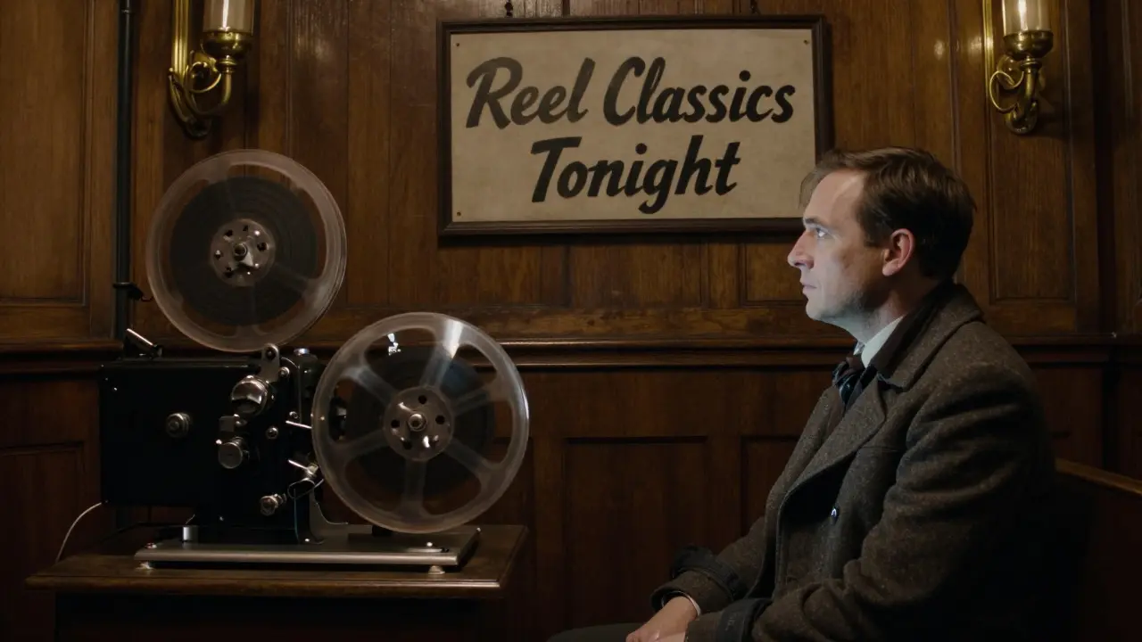 An elderly 1910s cinema with a 35mm projector and one viewer captivated by a black-and-white classic.