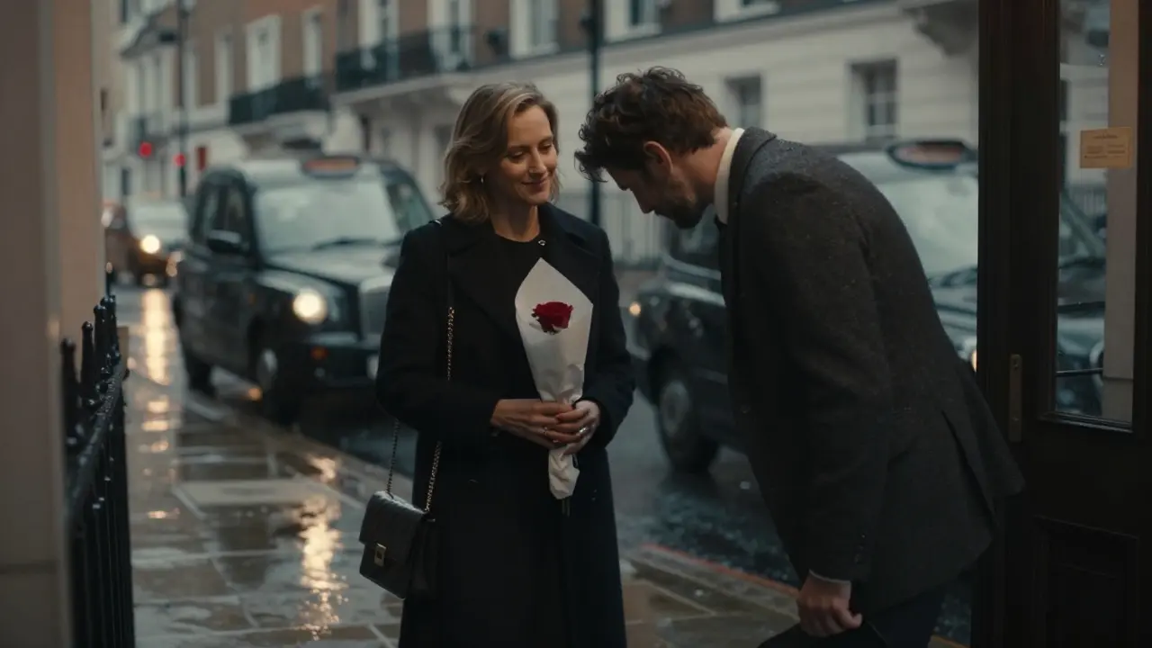 An escort hands a client a single rose at a London building entrance, both expressing quiet gratitude without physical contact.