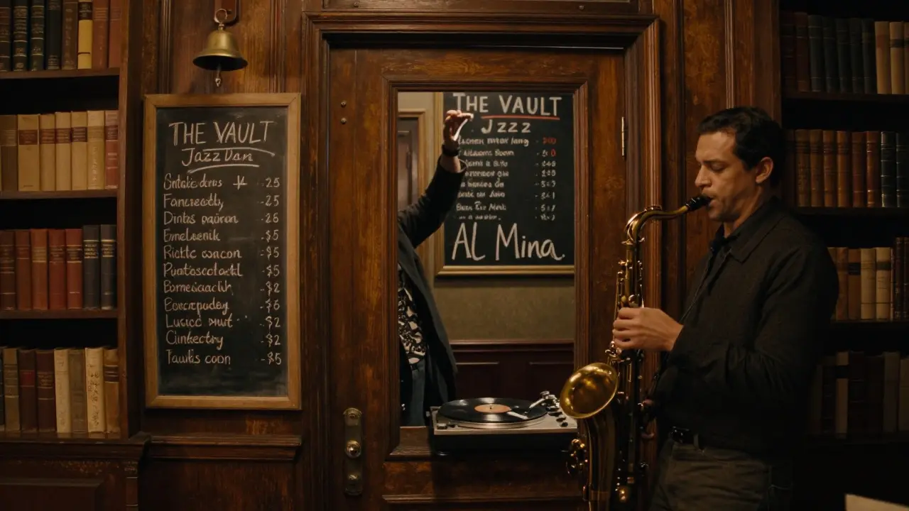 An intimate jazz den with a saxophonist playing in dim amber light, a brass bell, and vintage vinyl spinning.