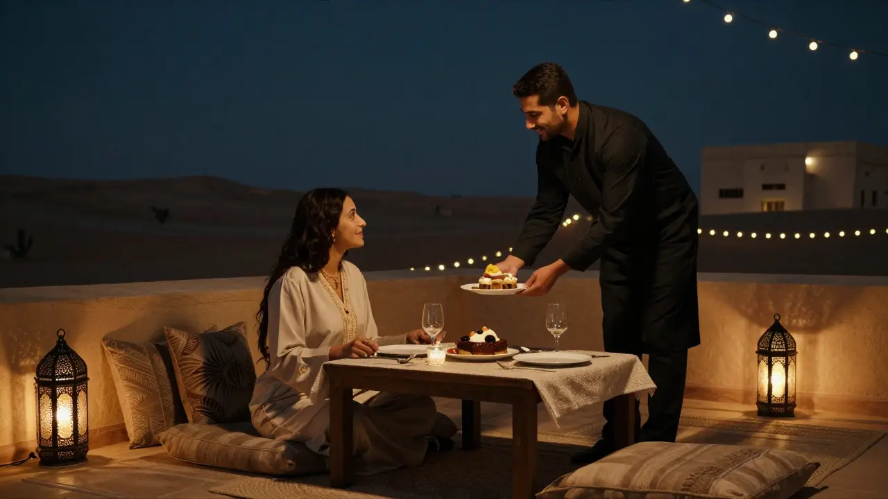 An intimate rooftop dinner in Abu Dhabi with soft lighting and desert views, companions enjoying a quiet moment.
