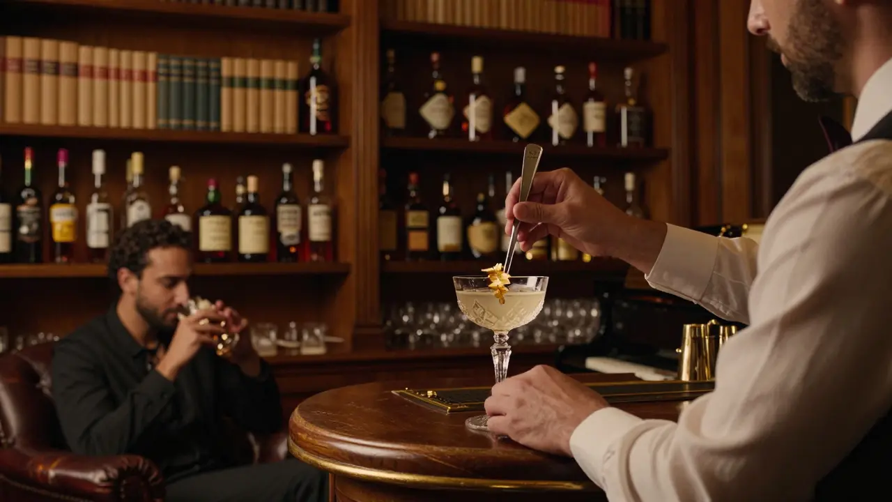 An intimate speakeasy bar with vintage bottles and a bartender preparing a golden-leaf cocktail.