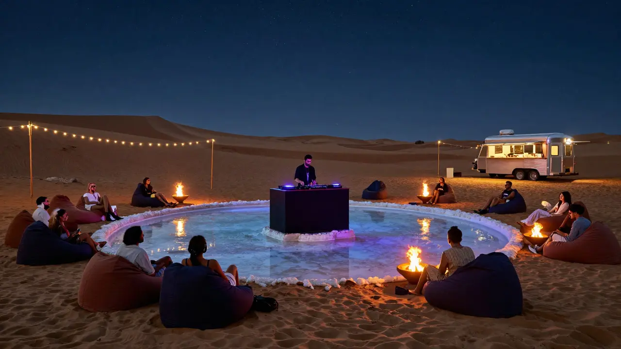 An open-air desert club with fire pits, floating DJ booth, and guests relaxing on bean bags under the stars.
