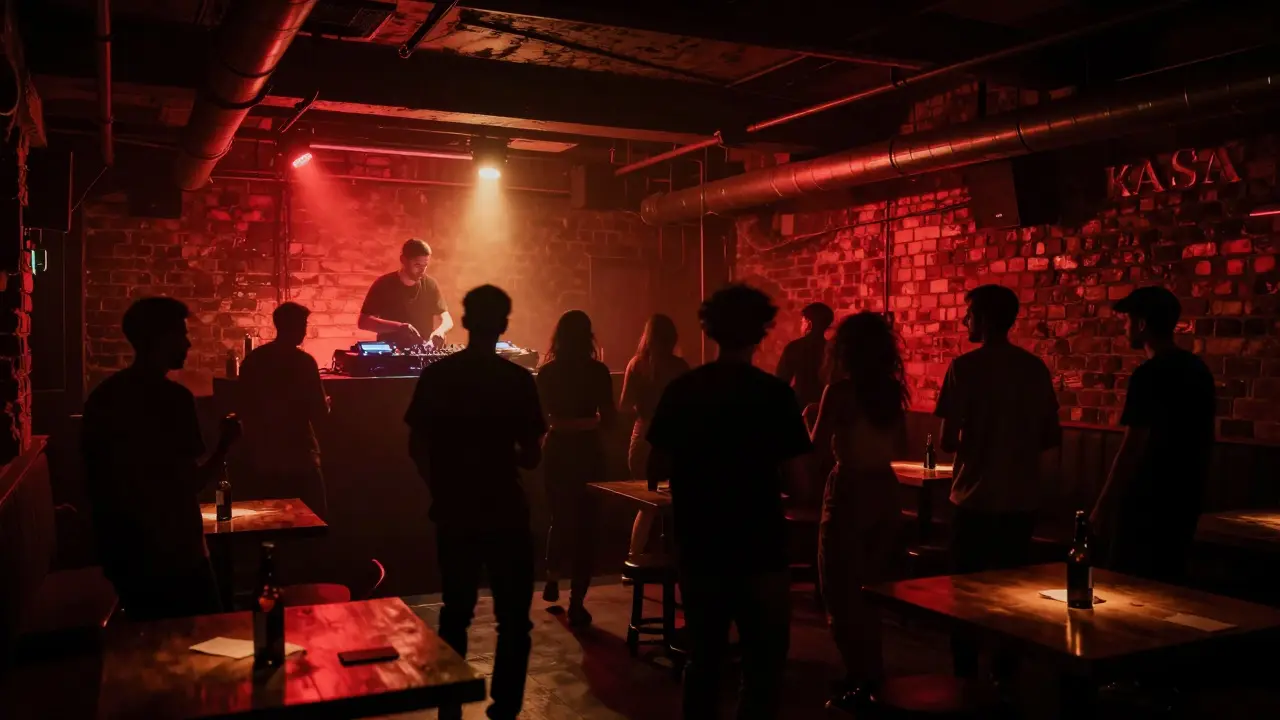 An underground nightclub with dim lighting, dancers in silhouette, and a DJ spinning deep house music.