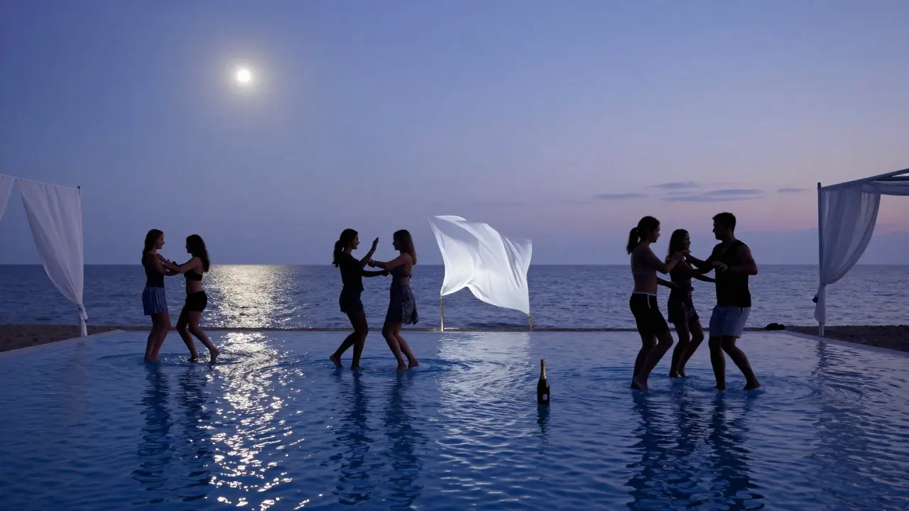 Barefoot dancers on a pool-turned-dancefloor at Karelia Beach at dawn, with moonlit Mediterranean waves in the background.