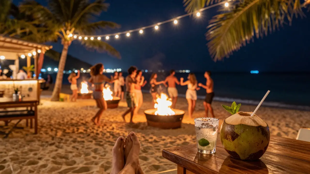 Beach club at midnight with fire pits, dancing crowd, and ocean under starry sky.