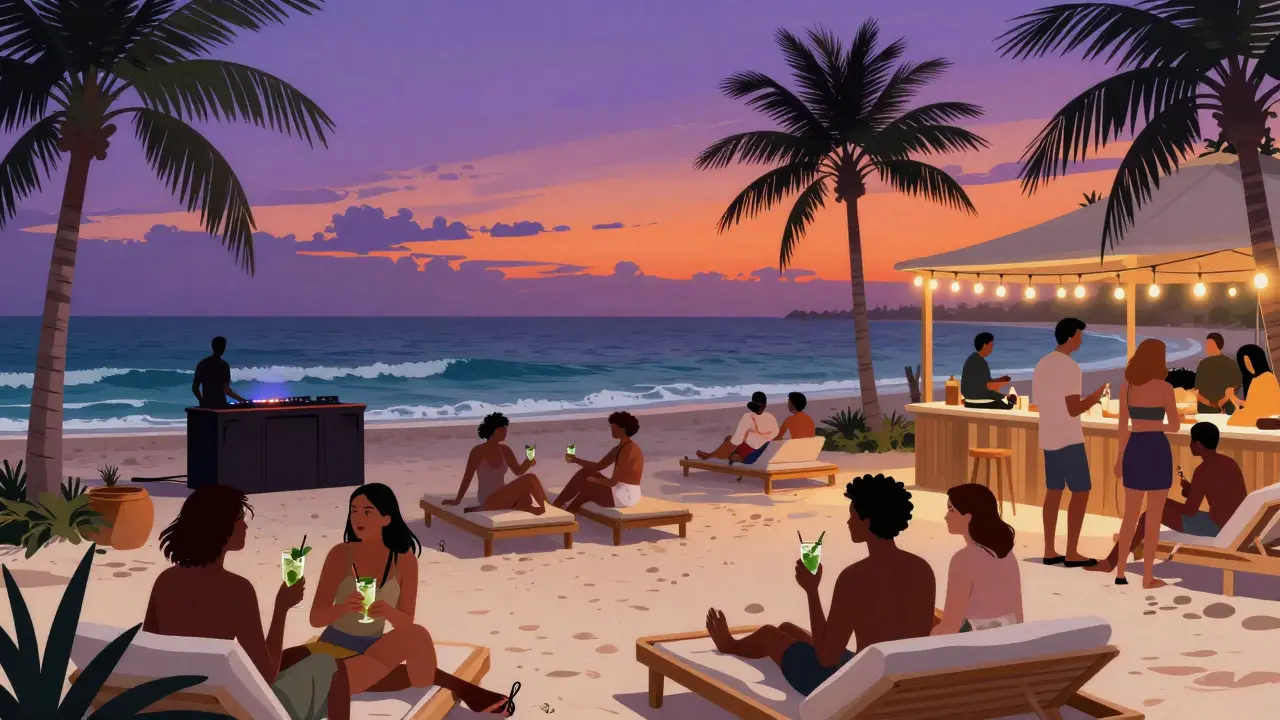 Beachside lounge at dusk with guests relaxing on sand, ocean waves, and string lights overhead.