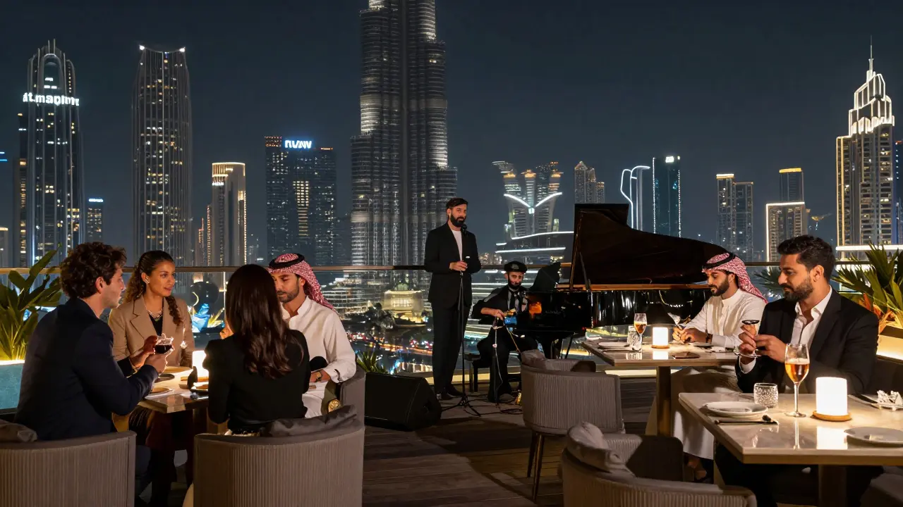 Burj Khalifa rooftop bar with skyline view and jazz-Arabic piano fusion
