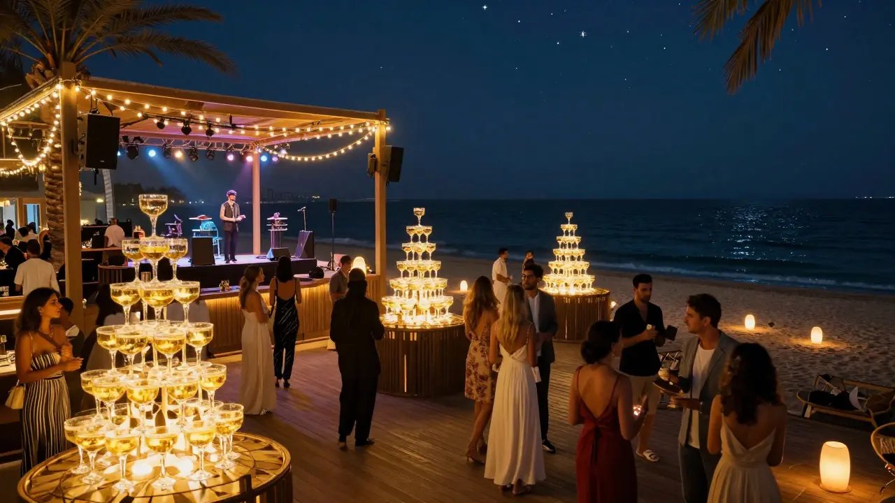 Cielo Beach Dubai at night with champagne towers, string lights, and a crowd enjoying live electronic music by the water.