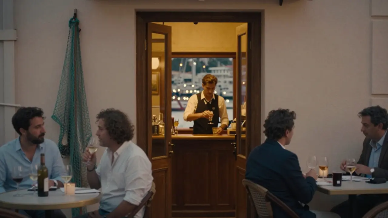 Cozy Bar du Port entrance with warm light spilling from a wooden door, locals chatting inside as harbor lights glow behind.