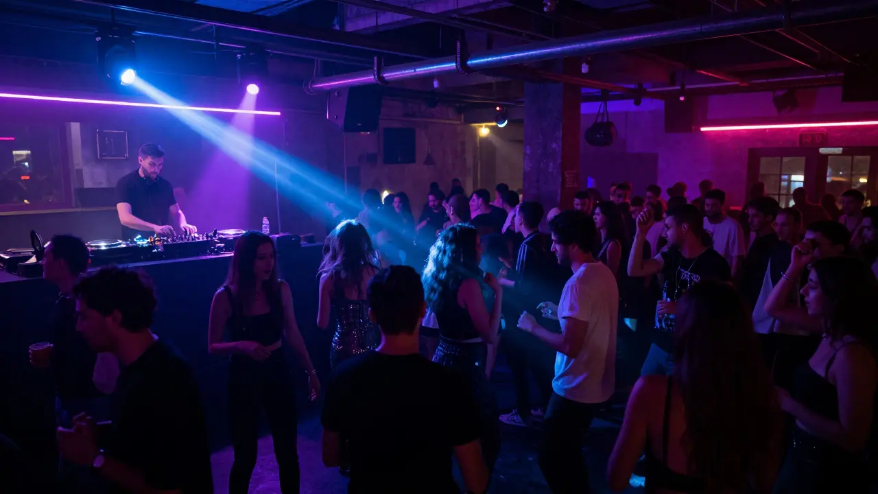 Crowd dancing energetically in a large underground club with pulsing lights and fog in Milan.