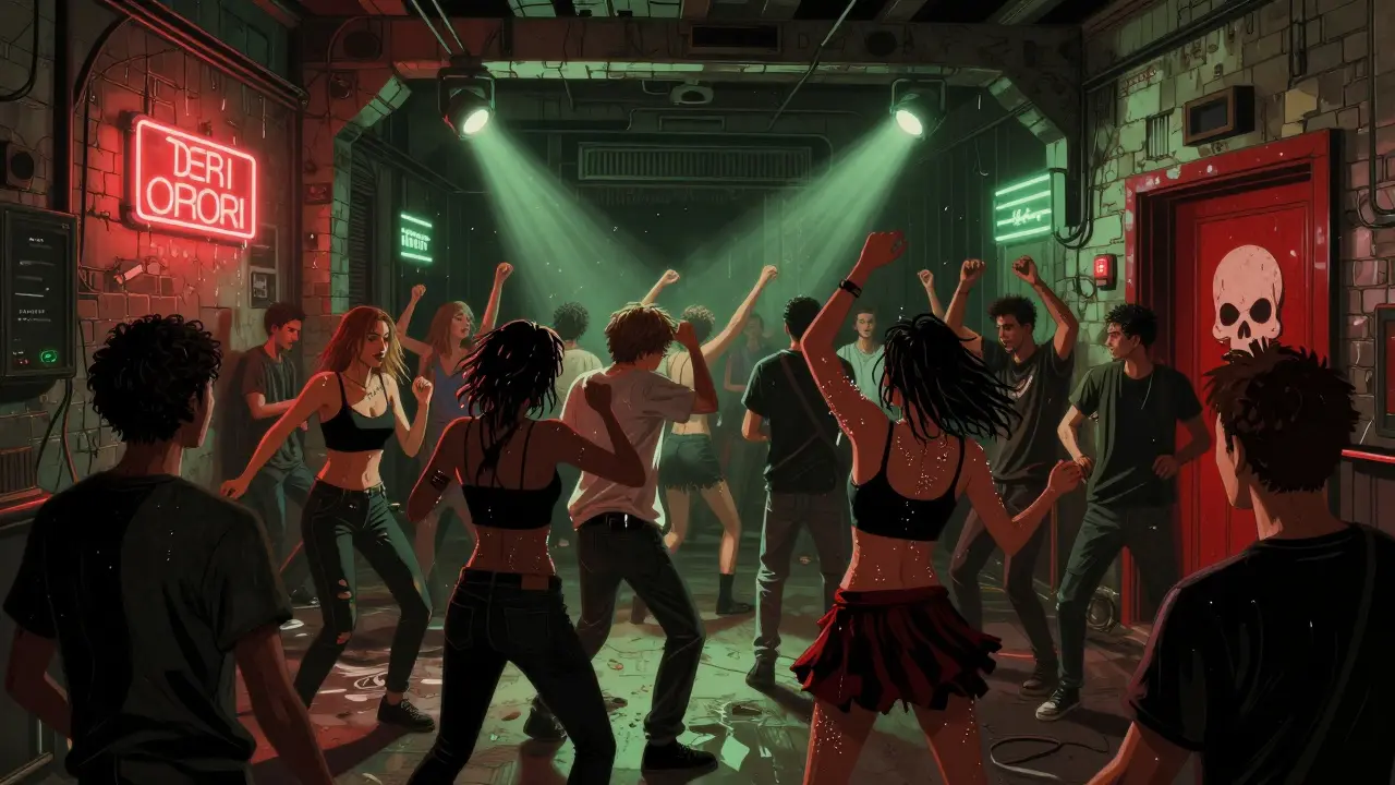 Crowd dancing in the gritty underground club Teatro degli Orrori under neon lights and strobes.