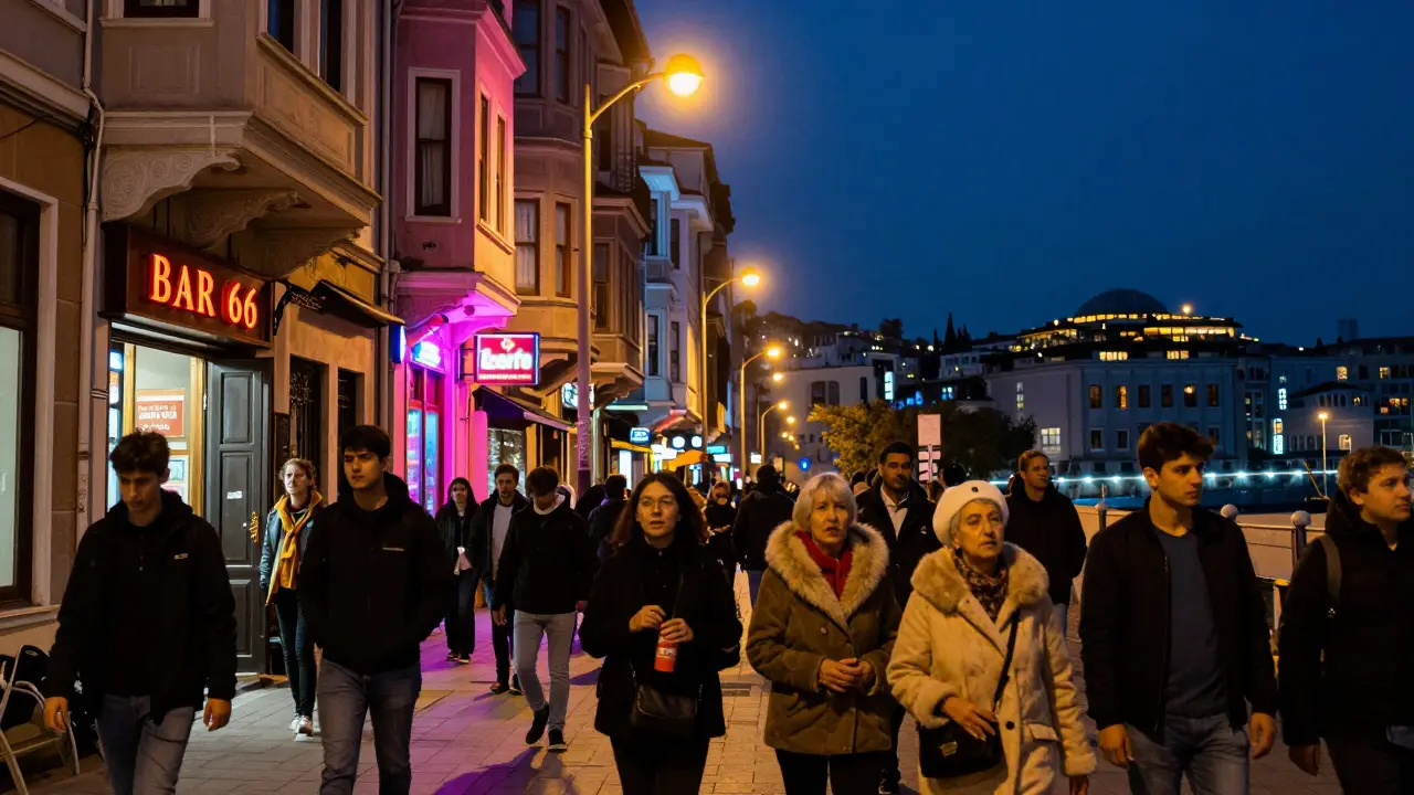 Crowded İstiklal Avenue at midnight with neon signs, diverse people walking, and rooftop bars glowing in the background.