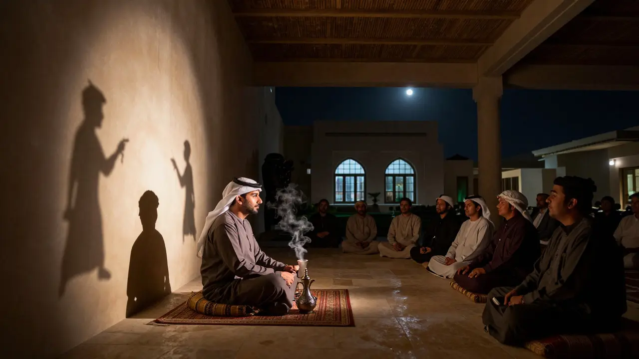 Cultural evening at Manarat Al Saadiyat with shadow puppets and poetry reading under ambient light.