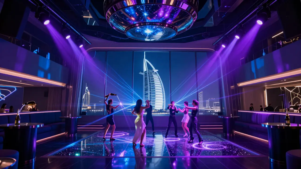 Dancers under dazzling laser lights in a luxury nightclub with panoramic city views.
