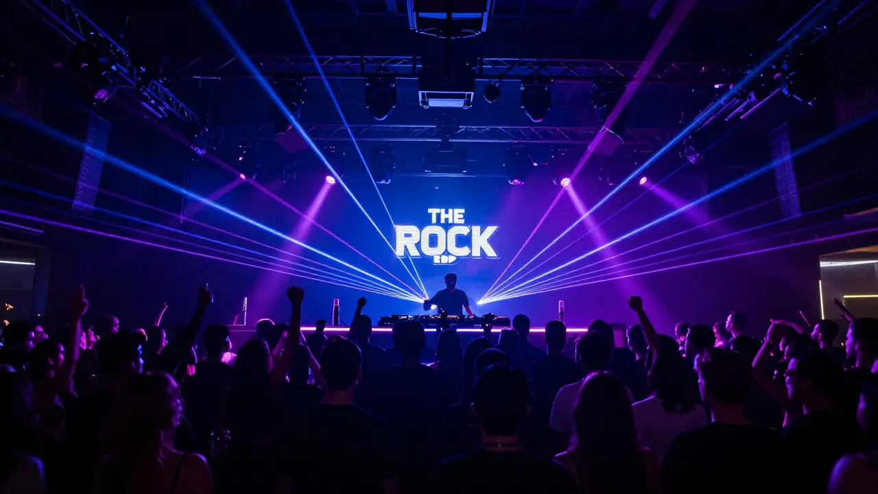 Dancing crowd in neon-lit EDM club with laser beams