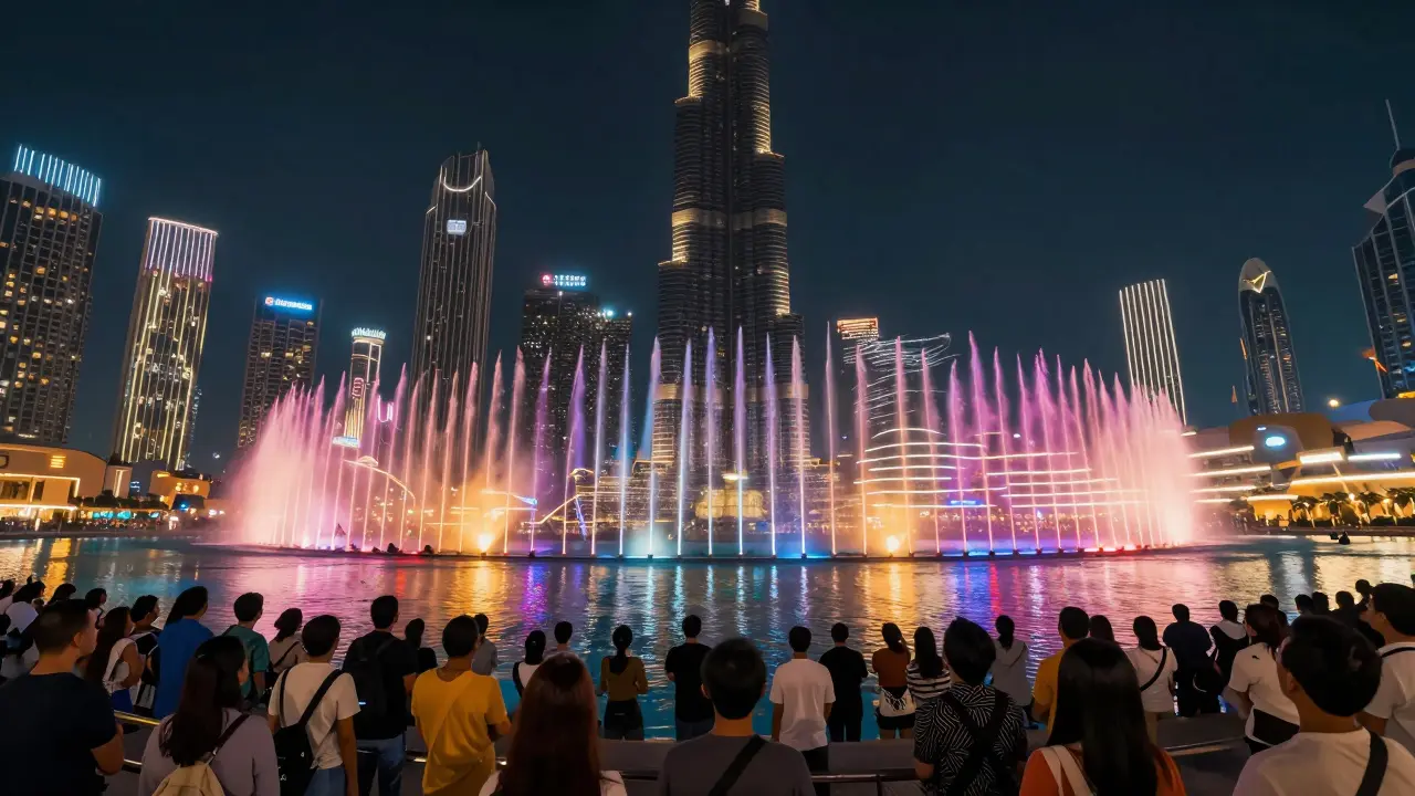 Dubai Fountain show with crowd and Burj Khalifa at night