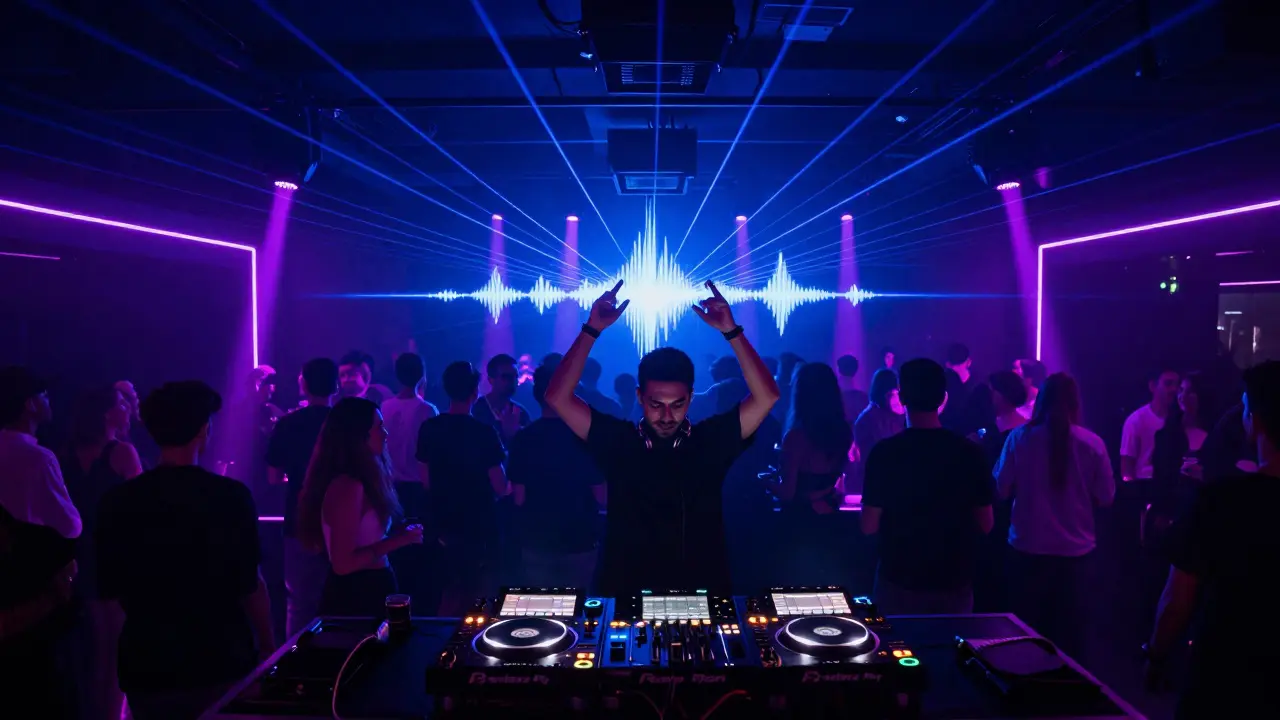 EDM club performance with international DJ and neon lights, energetic crowd