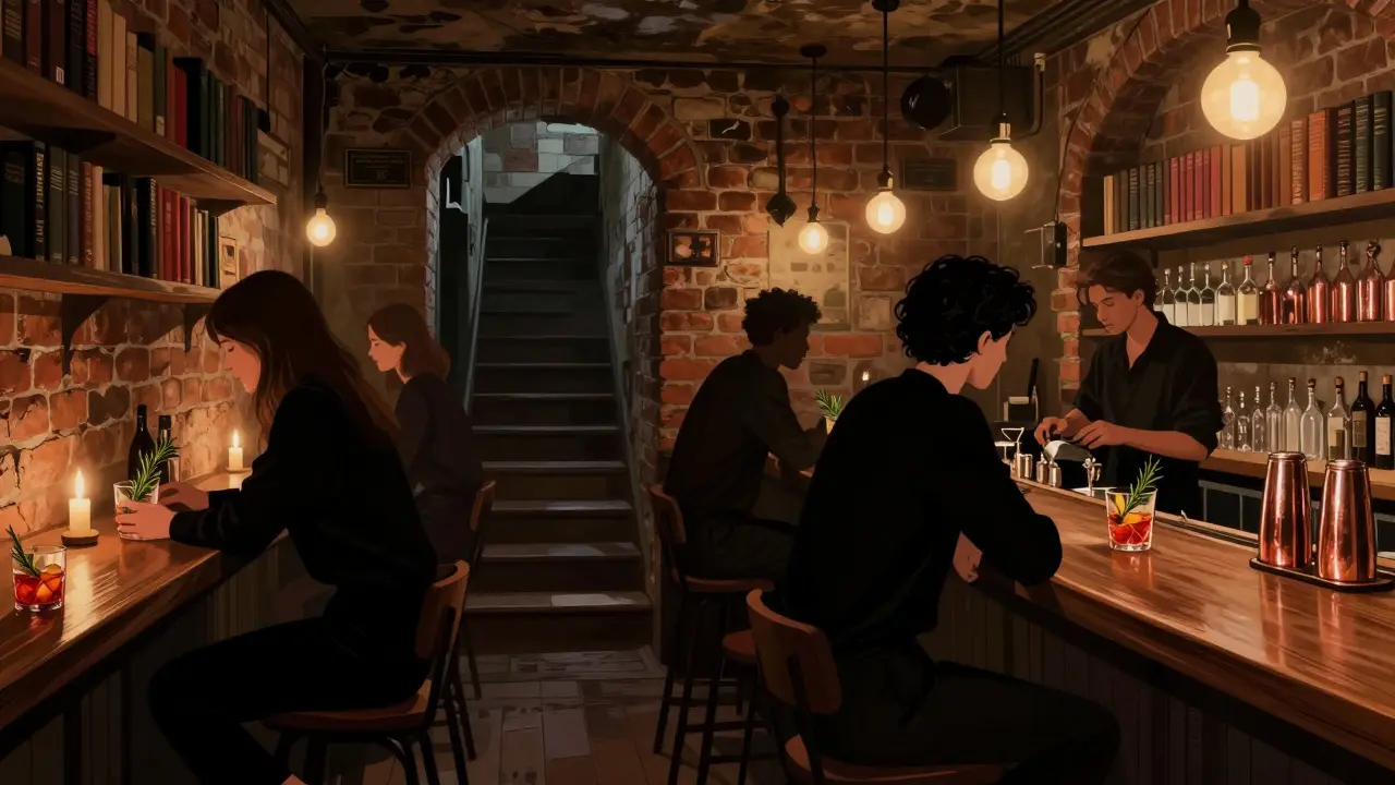 Hidden basement bar Ambaradan with patrons sipping smoked rosemary Negronis in moody candlelight.