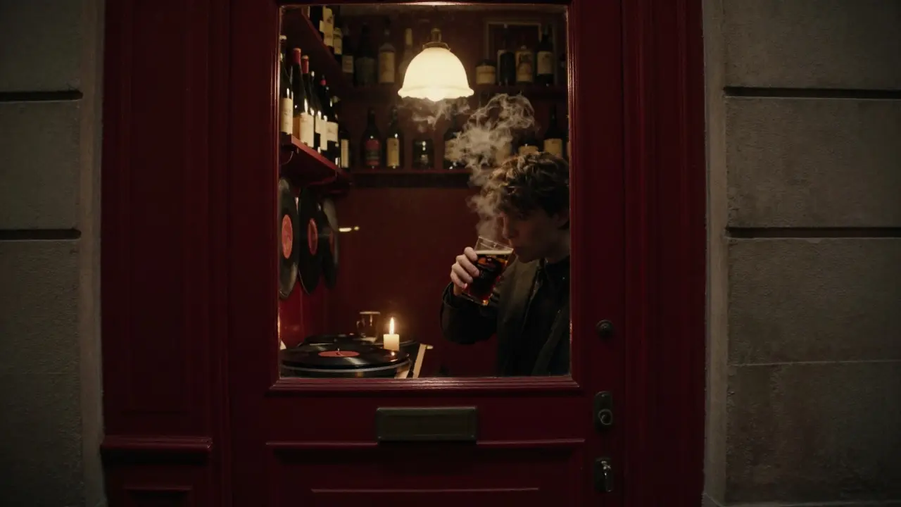 Hidden beer bar with red door, dim candlelit interior, patron sipping a dark IPA in quiet, intimate atmosphere.