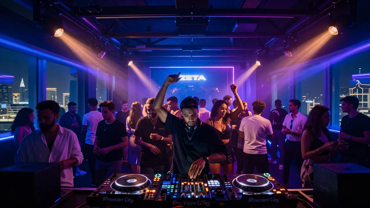 High-energy dance floor at Zeta club with neon lights and crowd dancing to electronic music.