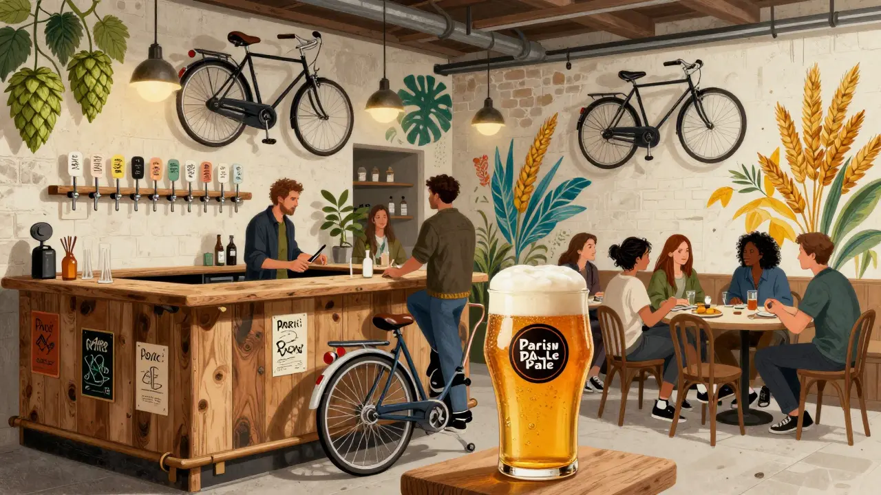 Industrial-style beer bar with reclaimed wood counter and hand-drawn tap signs, young crowd enjoying craft beer under soft lighting.