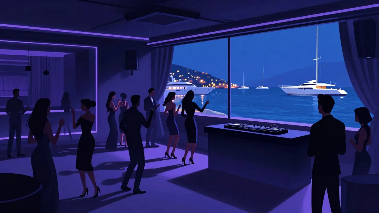 Interior of Le Club 55 nightclub with guests dancing near a window overlooking the lit harbor, dim blue and purple lighting.