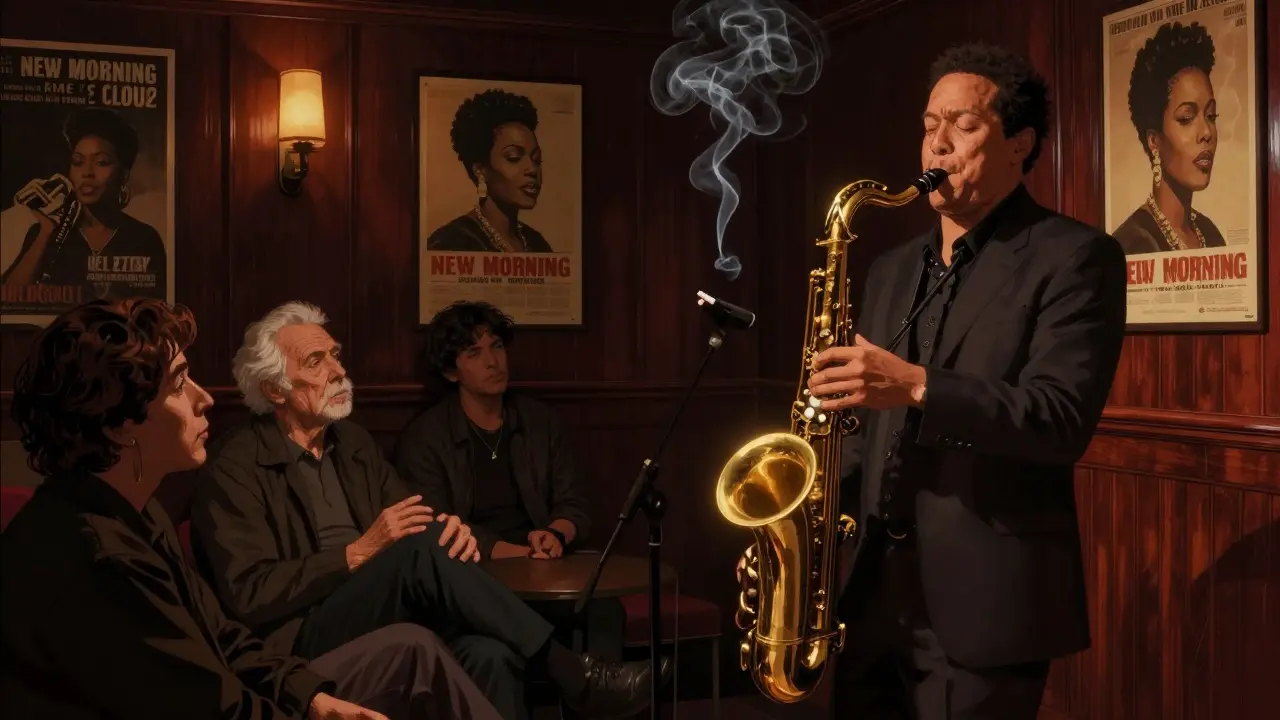 Jazz musician playing saxophone in dim, intimate New Morning club, audience captivated by the music.