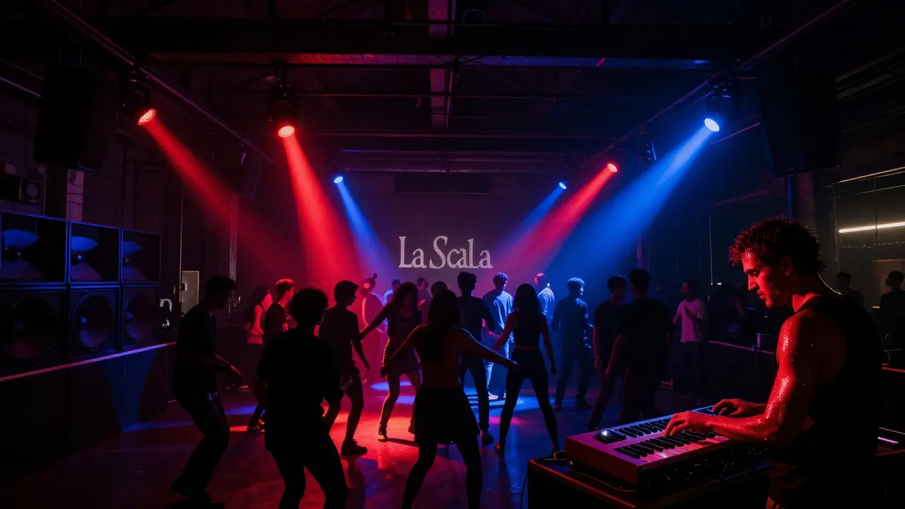 La Scala nightclub at midnight with dancers silhouetted under pulsing strobe lights in a dark warehouse.