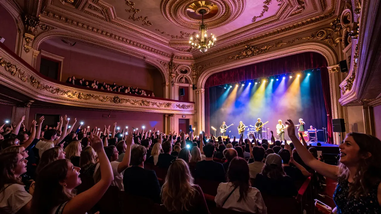 Large concert at La Cigale with ornate ceiling and crowd singing along under colorful stage lights.