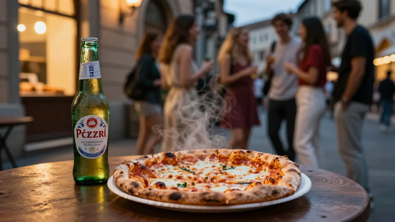 Late-night pizza slice and beer at Piazza della Repubblica, locals celebrating after a night out.