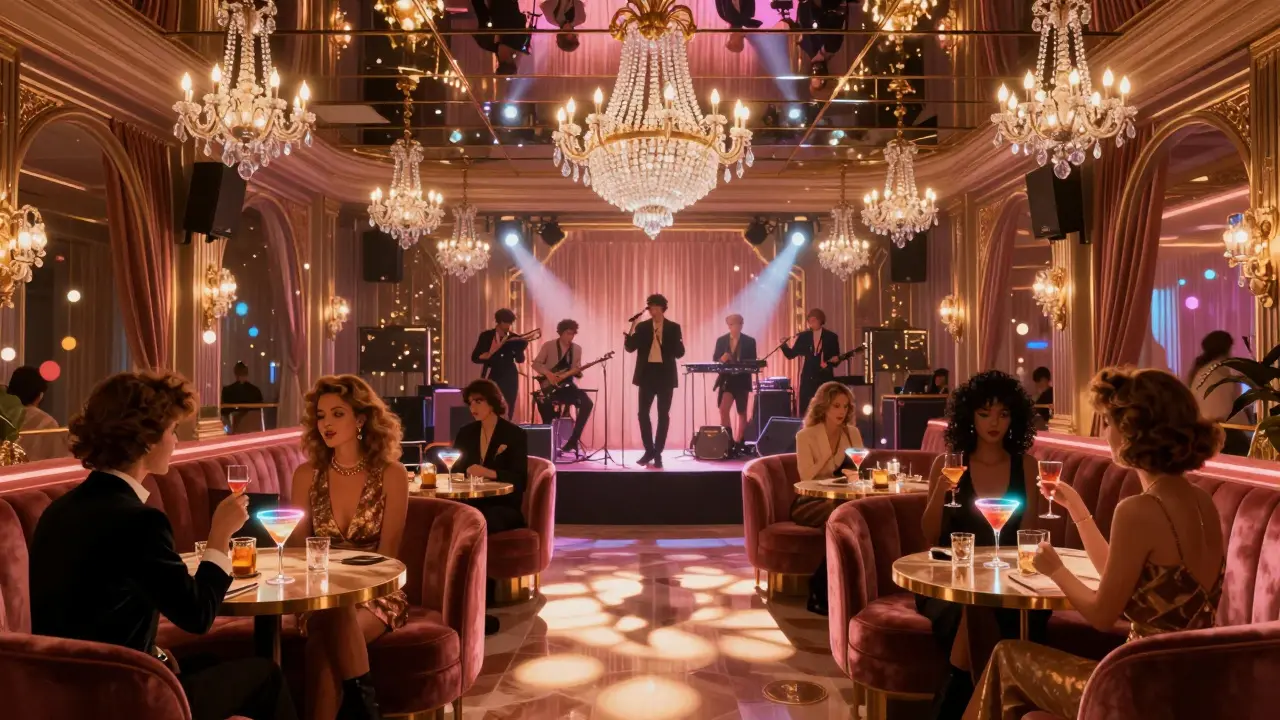 Le Palace's mirrored ceiling reflects crystal chandeliers and a live band, guests in vintage formalwear under pulsing LED lights.