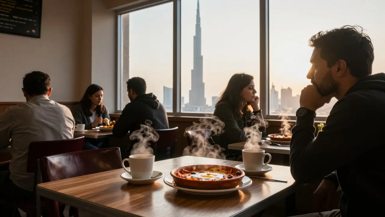 Lingerers at a 24-hour diner at dawn, sipping coffee as sunrise glows over Dubai's skyline.